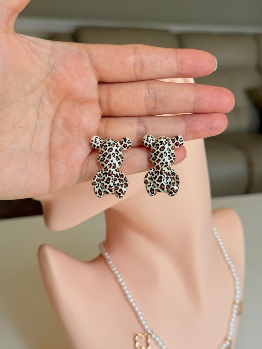 Leopard Print Teddy Stud Earrings - Picture 10 of 11